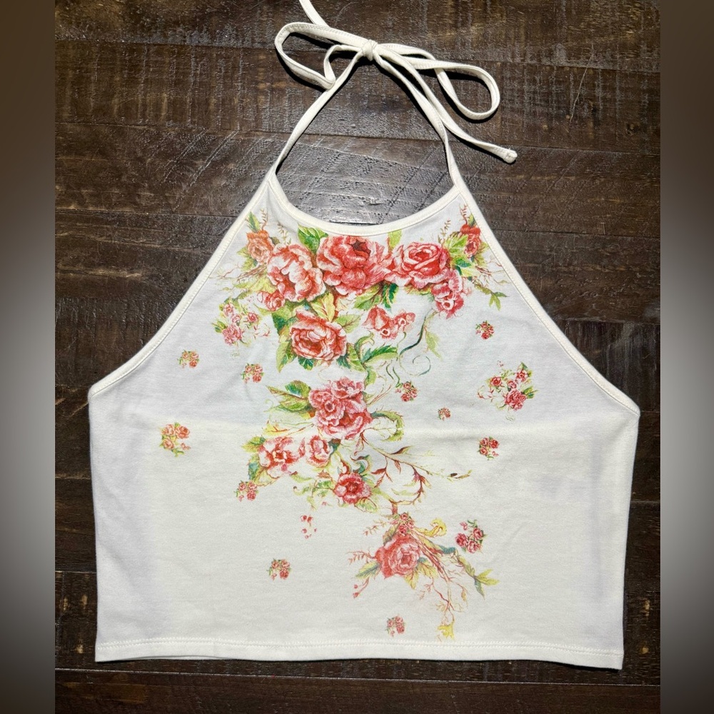 Forever 21 Off White Pink Floral Halter Crop Top Sz L Easter Date Party Beach